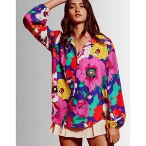 Bucket List Colorful Collared Long Sleeve Floral Button Down Blouse, S